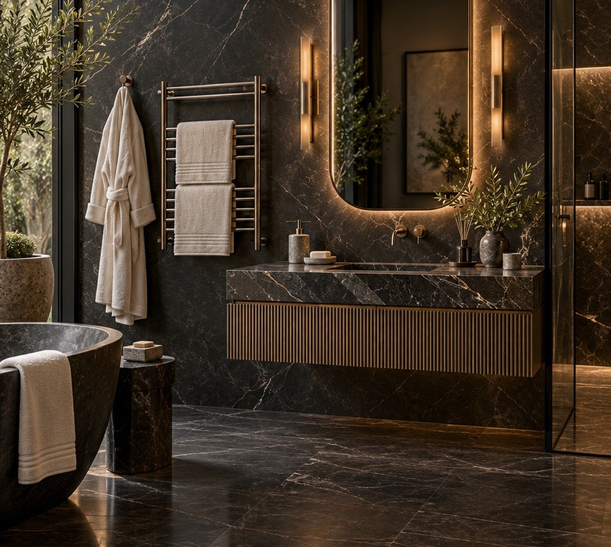 RILUT bathroom design with warm lighting and dark natural materials