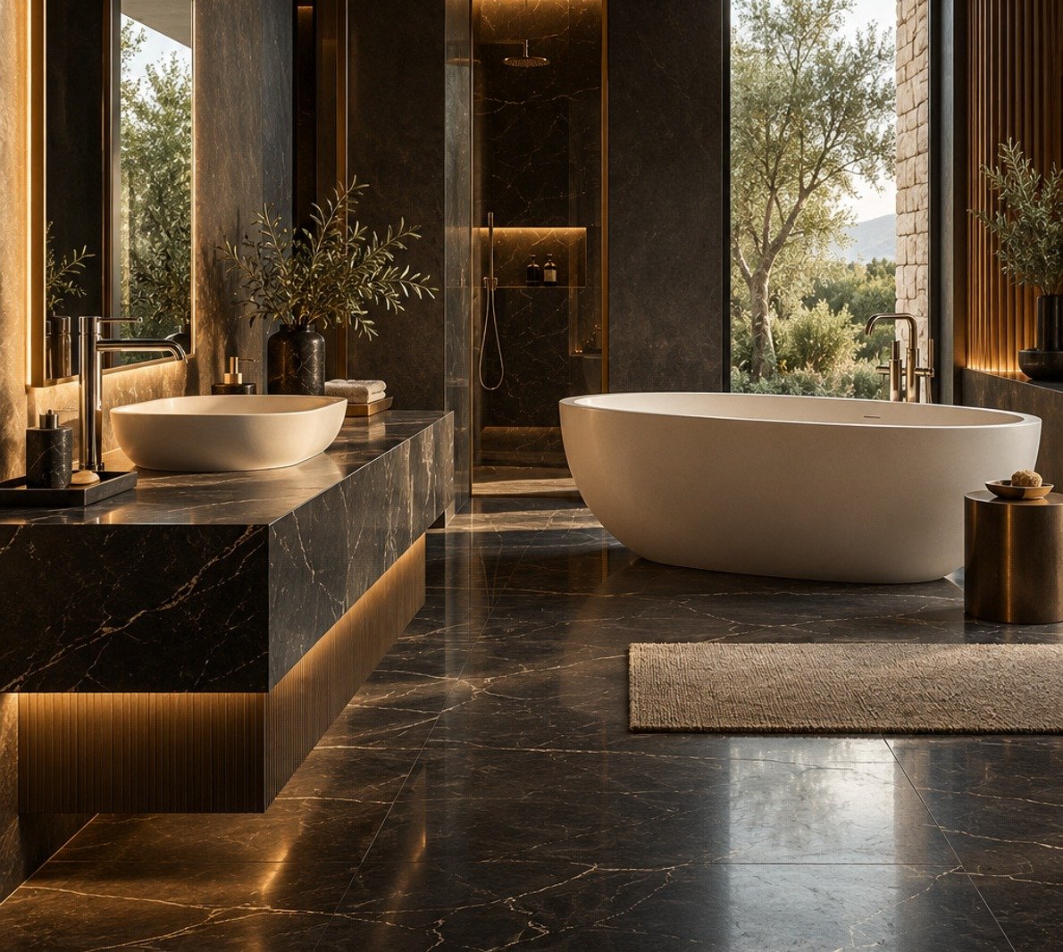 Warmly lit contemporary bathroom with dark stone and elegant bath fittings