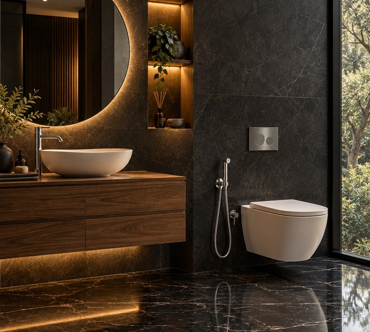 Jet spray gun in a refined bathroom setting